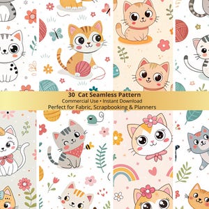 Op de afbeelding: Een verzameling naadloze patronen met cartoonkatten in verschillende poses en kleuren, tegen bloemrijke en grillige achtergronden. De patronen bevatten de tekst "30 Cat Seamless Pattern" en "Commercial Use • Instant Download".
