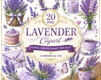 Lavender Clipart | Floral Wreath Basket Bouquet | 20 PNG | Botanical Graphics | Commercial Use