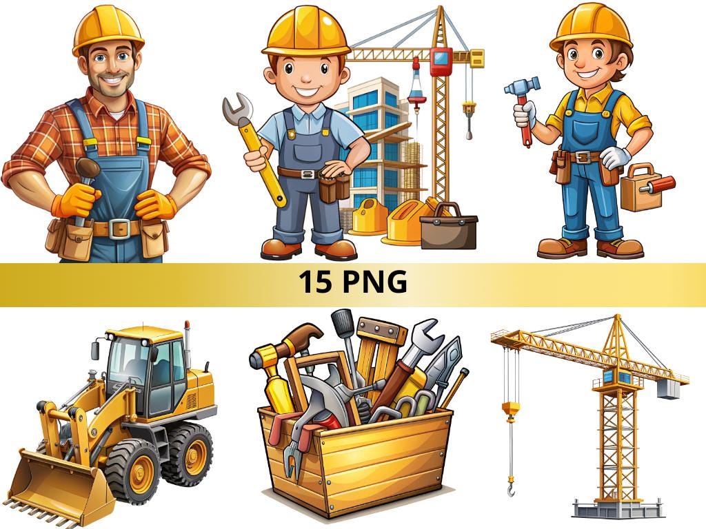 Construction Clipart: Workers, Vehicles, and Tools (15 PNG) - Etsy Finland, image size:1024x768