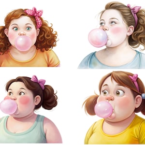 Fröhliches Mädchen bläst Kaugummi, Lustige Cliparts, Fröhliche Cliparts, Selbstliebe Clipart, Körper Positivität, Vektor Clipart, 6 transparente PNG