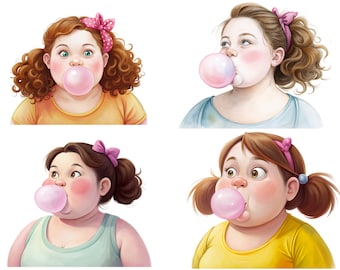 Cheerful girl blowing bubble gum, Fun clipart, Cheerful clipart, Self love clipart, Body positivity, Vector clipart, 6 transparent PNG