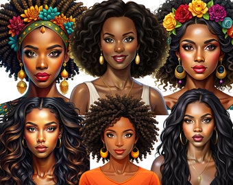 Modieuze zwarte vrouwen-clipart: Afro-Amerikaanse png-bundel (11 afbeeldingen)