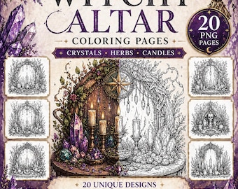 May include: A digital download featuring a "Witchy Altar" coloring book with 20 unique designs. The cover art showcases crystals, candles, and herbs, with the text "Witchy Altar Coloring Pages". Includes 20 PNG pages, high quality 300 DPI, and instant download.