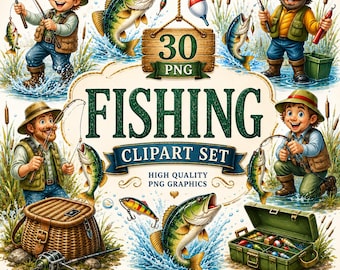 Fishing Clipart Set, Fish, Fisherman Clip art, Bass, Fishing lure png , Printable, Commercial Use