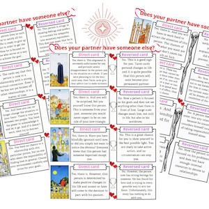 Tarot spiekbriefje. Heeft uw partner iemand anders? Betekenissen op rechtopstaande en omgekeerde kaarten. Tarotgids. Directe download