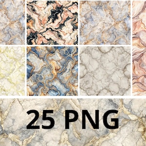 May include: A set of 25 digital marble texture patterns in PNG format. The patterns feature a variety of colors, including white, gray, brown, blue, and gold. The patterns are perfect for use in design projects, such as website backgrounds, social media graphics, and print designs.