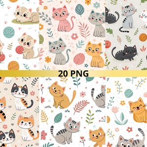 Katze Muster, Digitales Papier mit Katzen, Nahtlose Katzen, Kawaii Nahtlos, Niedliches Katzen Muster 20 png