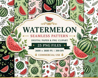 Watermelon Seamless Pattern | Fruit Digital Paper | 25 PNG | 3600x3600 | Commercial Use | Summer Background