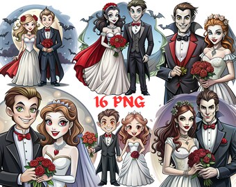 Vampyrbröllop Clipart: Mörk romantisk gotisk grafik (16 PNG)