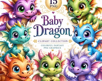 Baby Dragon Clipart, Colorful Fantasy Graphics 15 PNG, Commercial Use, Digital Download