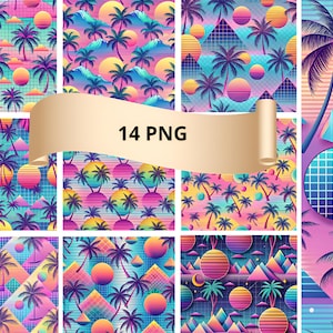 Vaporwave digital paper, Vrid digital paper, Vaporwave seamless pattern, Neon Prints, Vaporwave Neon Background, Palm Tree Pattern 15 PNG