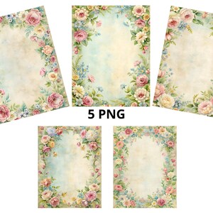 Conjunto de papel digital vintage, papel digital con rosas, papel para escribir cartas, 5 páginas con rosas, papeles de diario basura floral