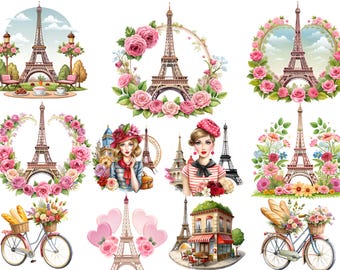 Paris Clipart Set: Eiffel Tower, Pink Accents (PNG Digital Download 15pc