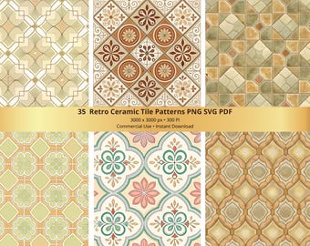 Retro Ceramic Tile Patterns, Seamless Digita Paper, Vintage Design, 35 PNG PDF SVG