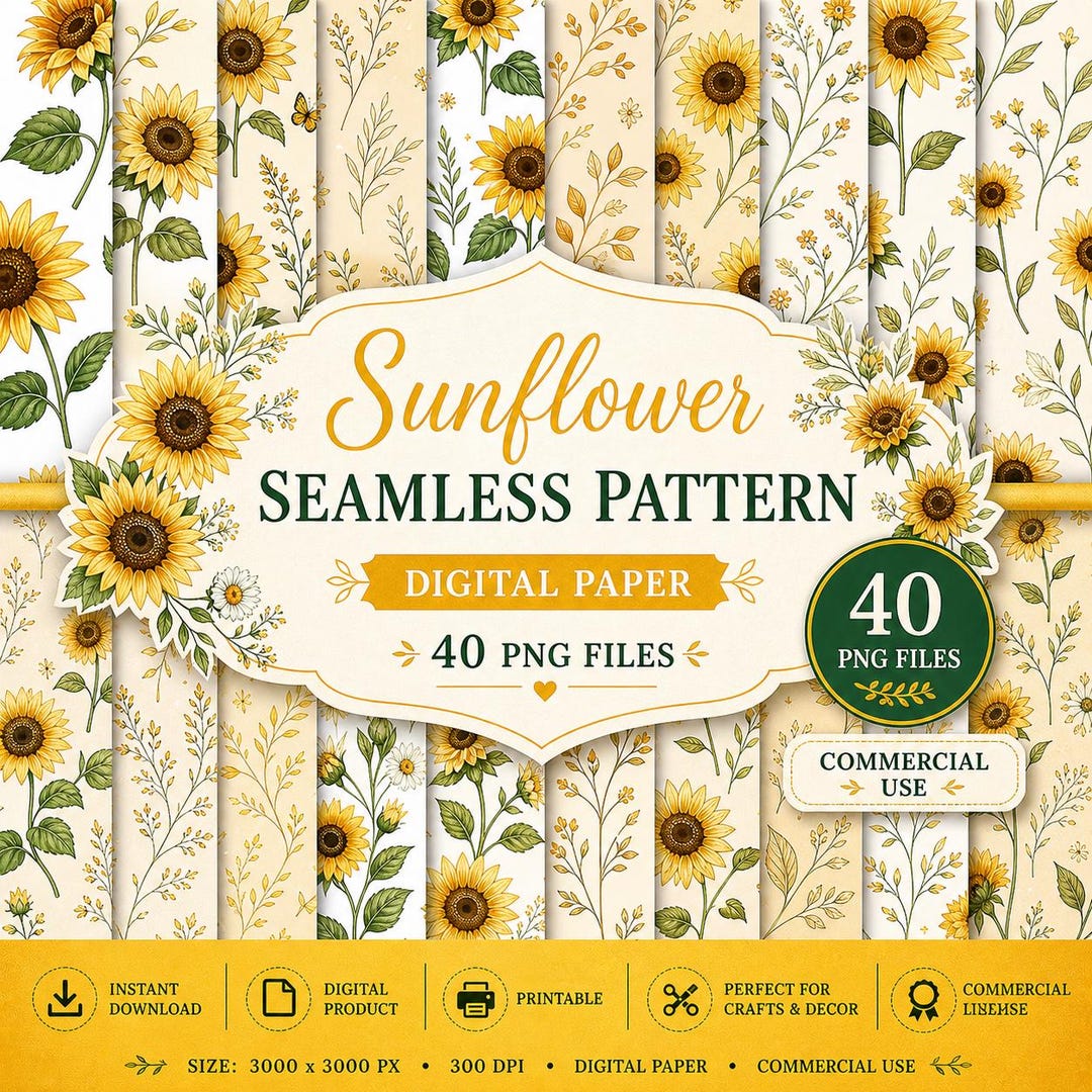 Sunflower Seamless Pattern, 40 PNG Digital Paper, Floral Background ...