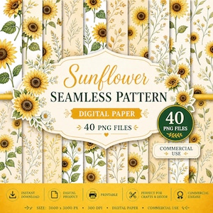 May include: A collection of digital paper designs featuring sunflowers. The designs include various patterns with yellow sunflowers, green leaves, and beige backgrounds. The text on the image reads "Sunflower Seamless Pattern Digital Paper 40 PNG Files".
