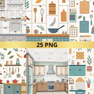 May include: A set of digital illustrations showcasing kitchen designs and patterns. The images depict kitchen appliances, cooking tools, and decorative items in a vibrant, cartoon style. The text "25 PNG" is displayed on a gold banner.