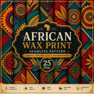 African Wax Print – Seamless Pattern |  Tribal Ankara Style Background | Download 25 PNG Digital Paper
