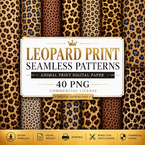 Puede incluir: Imagen digital de patrones de leopardo sin costuras en tonos marrón, beige y azul. Incluye el texto "LEOPARD PRINT SEAMLESS PATTERNS" y "40 PNG". El diseño es apto para uso comercial y está disponible como descarga digital.