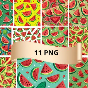 Digitales Papier Wassermelone, Nahtloses Wassermelonenmuster, Wassermelonendekor, Wassermelonendruck, Wassermelonenmuster, Vektormuster, 11 PNG