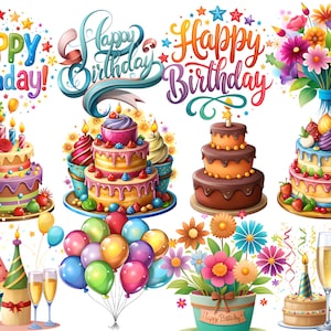 Bundle de cliparts anniversaire, clipart ballon, joyeux anniversaire png, clipart gâteau, clipart champagne, voeux d'anniversaire, clipart anniversaire 15 PNG