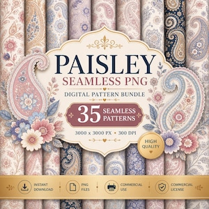 May include: A digital pattern bundle featuring 35 seamless paisley designs. The image showcases various rolls of fabric with intricate paisley patterns in shades of pink, blue, and cream. The central graphic reads "PAISLEY SEAMLESS PNG DIGITAL PATTERN BUNDLE".