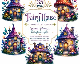 Fairy House Clipart Bundle, Mushroom Gnome Homes 35 PNG, Fairytale Cottage, Fantasy Forest Houses