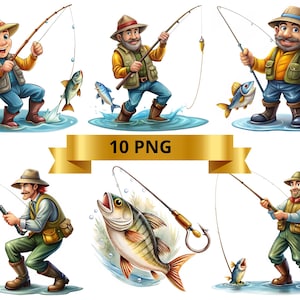 Imágenes prediseñadas de pesca, imágenes prediseñadas de caña de pescar, imágenes prediseñadas de pesca de lubina, imágenes prediseñadas de peces, pescador divertido, conjunto de imágenes prediseñadas de pesca 10 Png