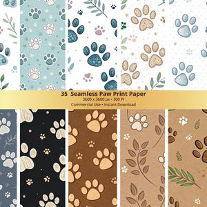 Op de afbeelding: Een verzameling van 35 naadloze pootafdrukpapierontwerpen. De patronen bevatten verschillende pootafdrukken, bladeren en stippen in tinten blauw, bruin en wit. De tekst "35 Seamless Paw Print Paper" staat op een gouden banner.