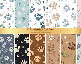 Seamless Paw Print Digital Paper Pack, Animal PNG Scrapbook (Instant Download), Commercial license