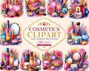 Imágenes prediseñadas de cosméticos: Pegatinas PNG de maquillaje femenino (26 archivos)