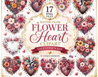 Imágenes prediseñadas de corazones de flores en acuarela: PNG del Día de San Valentín (17 PNG)