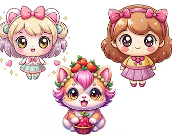Kawaii Character Clipart, Fun Graphics (25 PNG) (Digital Download)
