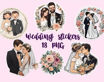 Hochzeits-Aufkleber. Runde Aufkleber zur Hochzeit. Selbst ausdruckbare Hochzeitssticker. Hochzeits-Cliparts. 18 PNG