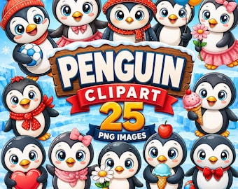 Penguin Clipart, , Kawaii Winter Animals, Playful PNG Images (Digital Download, 25 Files) , Commercial Use