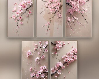 Sakura Blossom Japandi Wandkunst 5er Set | Minimalistische Kirschblüten Drucke | Japanischer Zen Digitaler Download