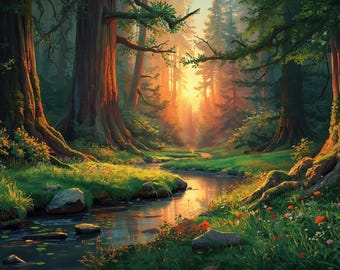 Könnte beinhalten: Digitales Gemälde einer Waldszene mit einem Bach. Hohe Bäume mit rotbraunen Stämmen säumen den Bach, wobei Sonnenlicht durch die Bäume scheint. Grünes Gras und Wildblumen säumen den Bachrand.