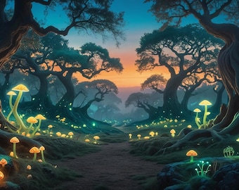 Könnte beinhalten: Digitale Kunstlandschaft eines mystischen Waldes in der Abenddämmerung. Große, knorrige Bäume säumen einen Weg, der von leuchtenden Pilzen erhellt wird. Der Himmel wechselt von Orange zu Blau.