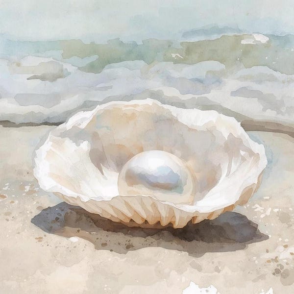 Coastal Pearl Scallop Shell Watercolor Clipart | Beach Wedding Print, AI Generated, Wall Art, AI Art, Digital Download, Home Decor