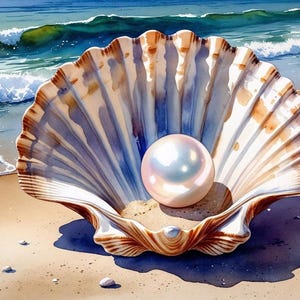 Clipart acquerello di conchiglia di capesante costiera / Stampa di matrimonio in spiaggia, generata dall'intelligenza artificiale, arte murale, arte AI, download digitale, arredamento per la casa