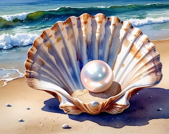 Clipart de acuarela de concha de vieira costera / Impresión de boda en la playa, generado por IA, arte mural, arte con IA, descarga digital, decoración del hogar