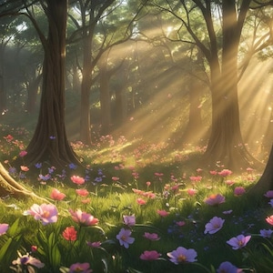 Zauberwald, Landschaft, Blumen, Digital Art Print, AI erzeugt, Wandkunst, AI Art, digitaler Download, Wohnkultur, printable