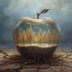 May include: A surreal painting of a transparent apple with a forest inside. The apple rests on a network of roots, set against a cracked earth and a cloudy sky. The forest features golden trees.