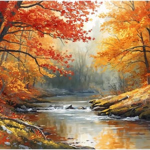 Bos herfst aquarel, rivier, landschap bloemen, digitale print, AI gegenereerd, kunst aan de muur, AI-kunst, digitale download, woondecoratie, afdrukbaar