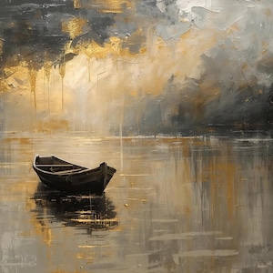 May include: An abstract painting depicts a small wooden boat floating on calm water. The artwork uses a palette of gold, gray, and black, with brushstrokes creating a textured effect. The sky and water reflect the colors, creating a serene landscape.