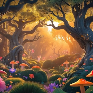 Może przedstawiać: Żywa ilustracja fantazyjnej sceny leśnej. Duże, sękate drzewa otaczają ścieżkę, z kolorowymi grzybami i kwiatami zdobiącymi krajobraz. Scena skąpana jest w ciepłym świetle słonecznym, tworząc magiczną atmosferę.