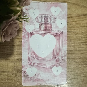 Peut inclure: Un flacon de parfum rose avec un bouchon clair et facetté est posé sur une carte avec un motif floral. La carte comporte des cœurs blancs avec des chiffres. Le texte "Le budget de Lilly Bee" est en bas.