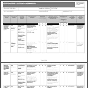 May include: A grayscale document titled "General Grass Cutting Risk Assessment" with tables detailing hazards, control measures, and risk ratings. The document includes sections for location, assessment date, and assessor information. Page 1 of 8 is visible.
