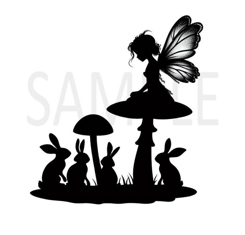 Mushroom Fairy With Rabbits Silhouette Image Instant Download PNG SVG ...