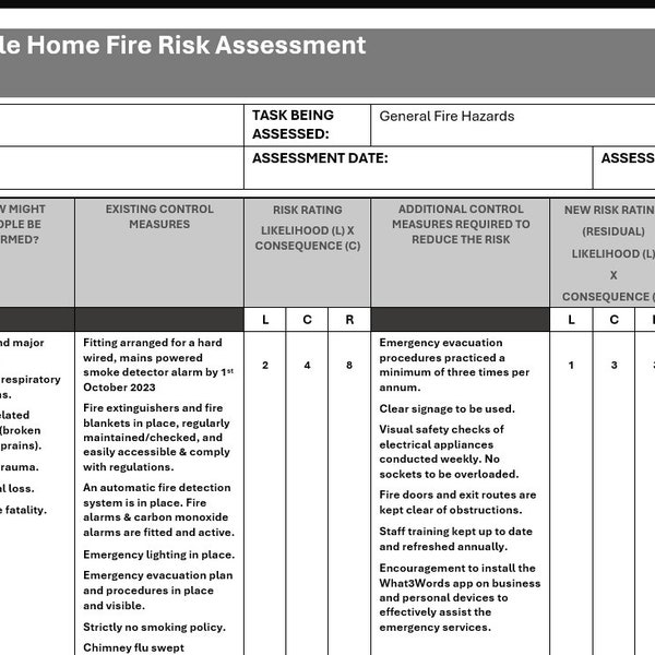 Holiday Let Mobile Home Static Caravan Fire Risk Assessment Editable Word Document